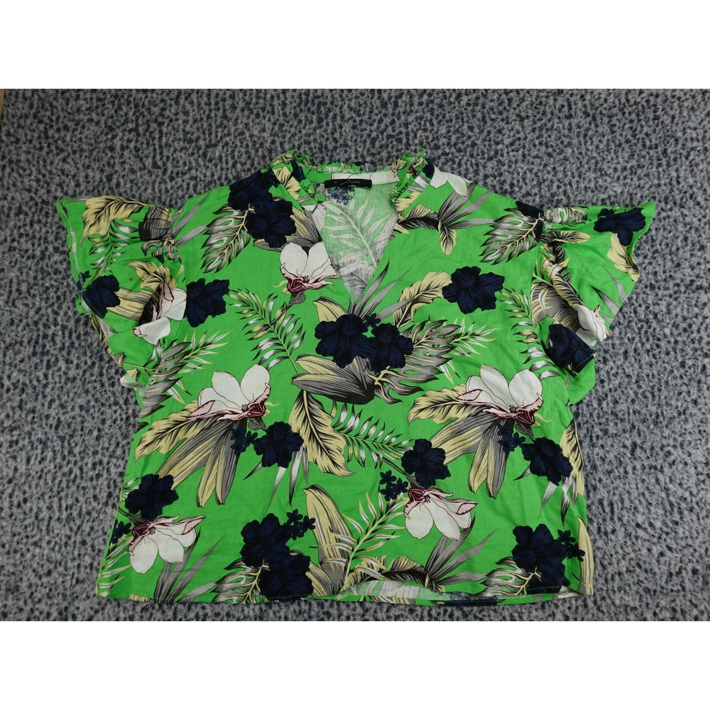 Marc New York Blouse Womens XL‎ Green Tropical Floral Linen Blend Ruffle Top